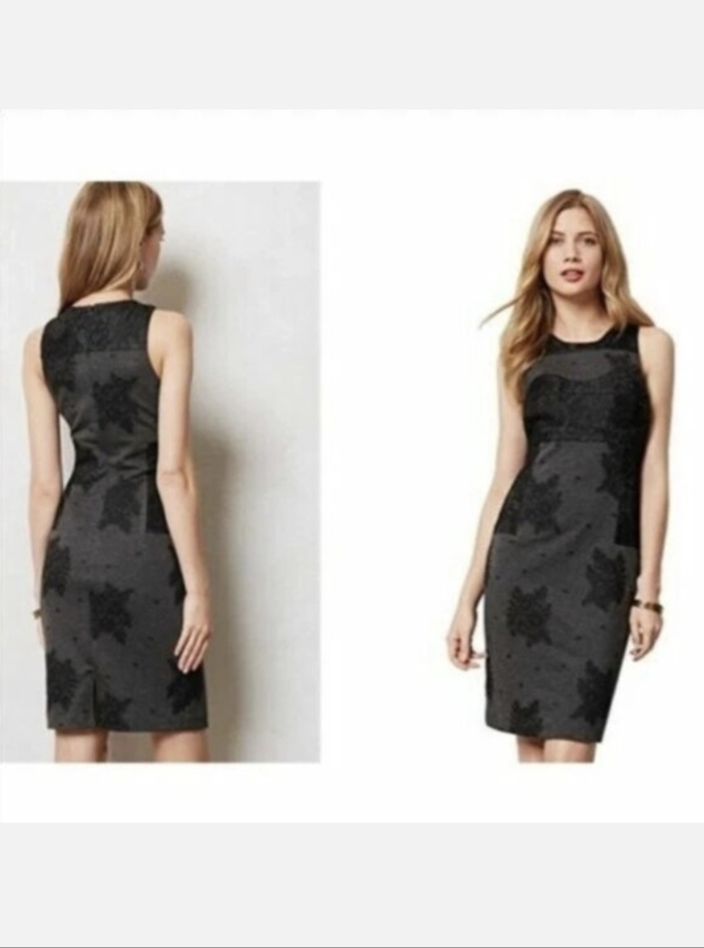 Anthropologie Maeve Lace Flocked Column Dress Gray Black Back Zip Cotton Small